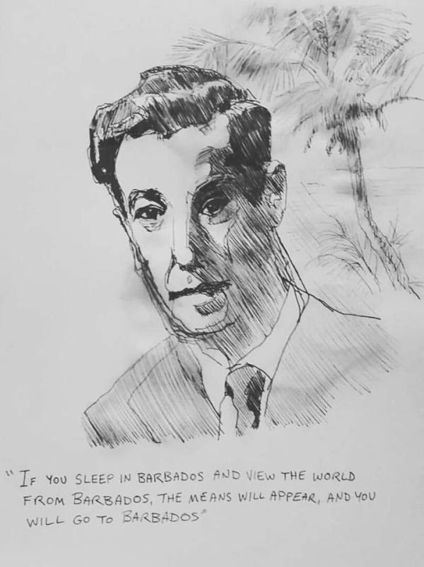 Pencil drawing of Neville Goddard in Barbados by Tim Botta, captioned with his instruction to sleep in Barbados and view the world from Barbados